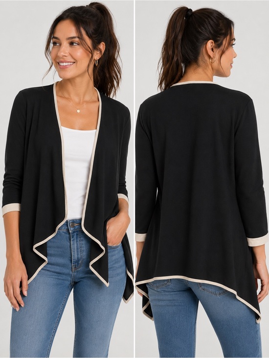 Boohoo Sweaters - Boohoo Black Open Front Waterfall Cardigan with Contrast Trim size 8